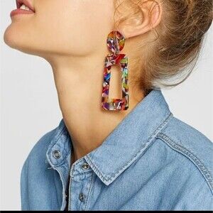 Geometric multicolor rectangle earrings marble design retro